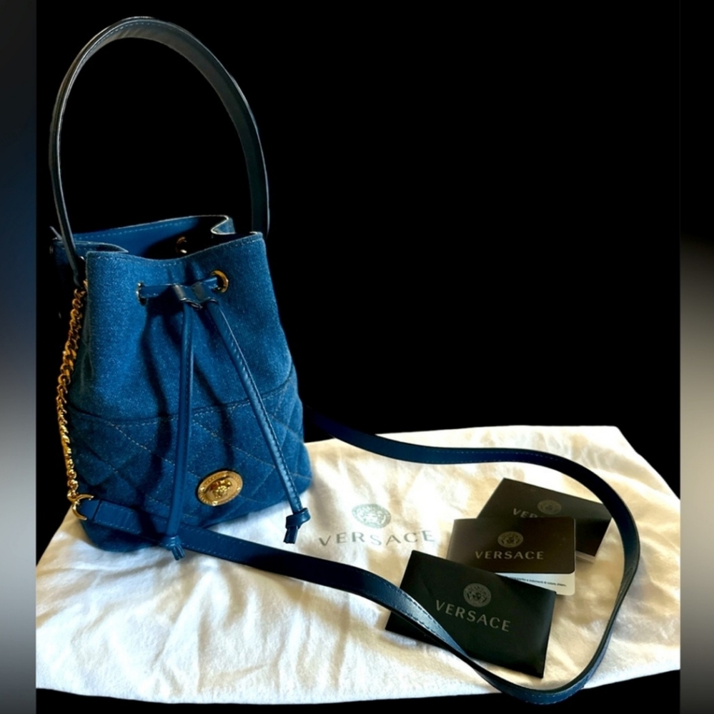 VERSACE NWT $1,200 Retail DENIM BUCKET BAG & Dust Bag& Auth Cards/ BNWT